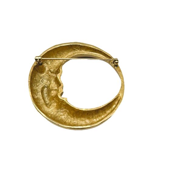 Vintage Celestial Figural Crescent Moon Face Gold Tone Brooch Pin Smooth Texture - Picture 2 of 4